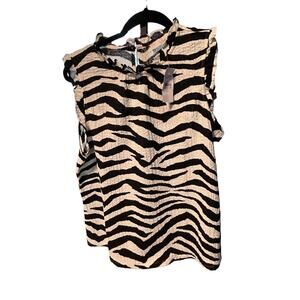 NEW, Ann Taylor LOFT Zebra Print High Neck Ruffle Top Black White-M